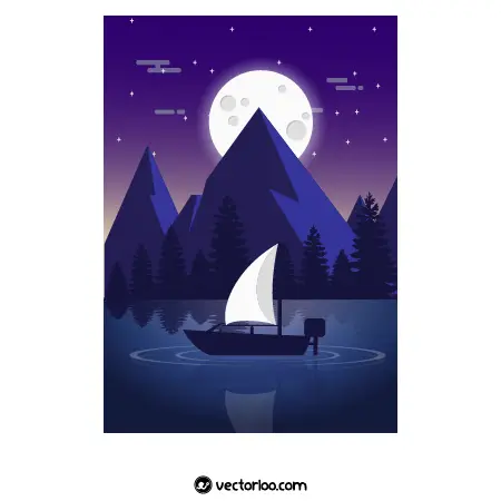وکتور کوه در شب و ماه پشت کوه و قایق در آب 1