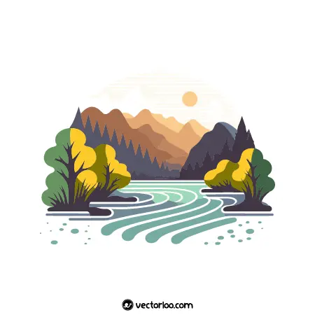 وکتور کوه قهوه ای و درخت رنگی و رودخانه زیبا 1