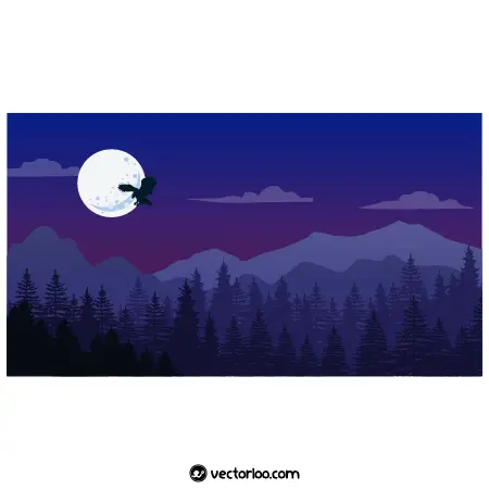 وکتور کوه ها پشت درخت های جنگل در شب ماه در آسمان 1