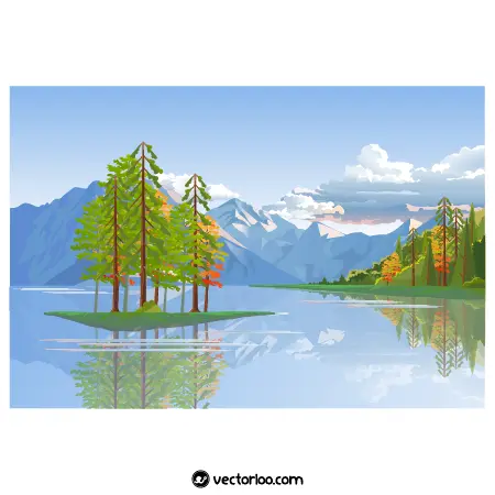 وکتور کوه و ابرهای زیبا و دریاچه و درخت کاج سبز 1