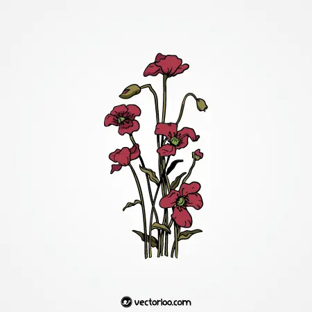 وکتور گل قرمز چند پر کارتونی با شاخ و برگه 1