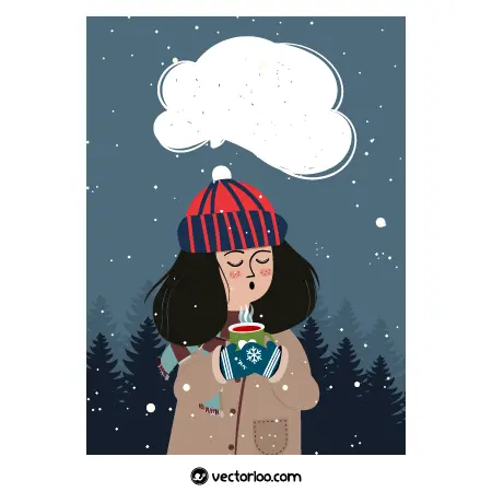 وکتور خانم با کلاه در حال چای خوردن در برف زمستان کارتونی 1