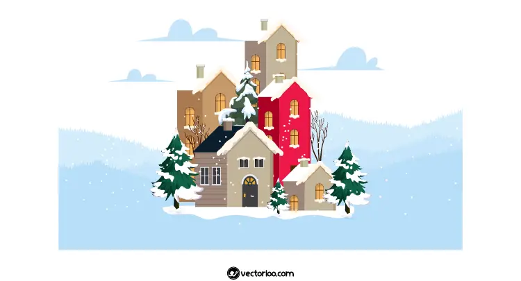 وکتور خانه های رنگی بلند داخل برف و زمستان کارتونی 1