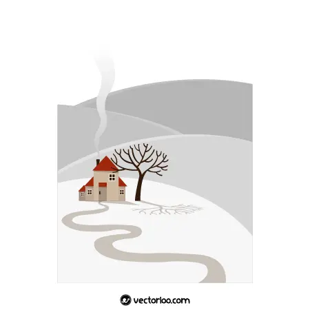 وکتور خانه و درخت تنها در بین تپه ها دود از خانه بالا می رود کارتونی 1