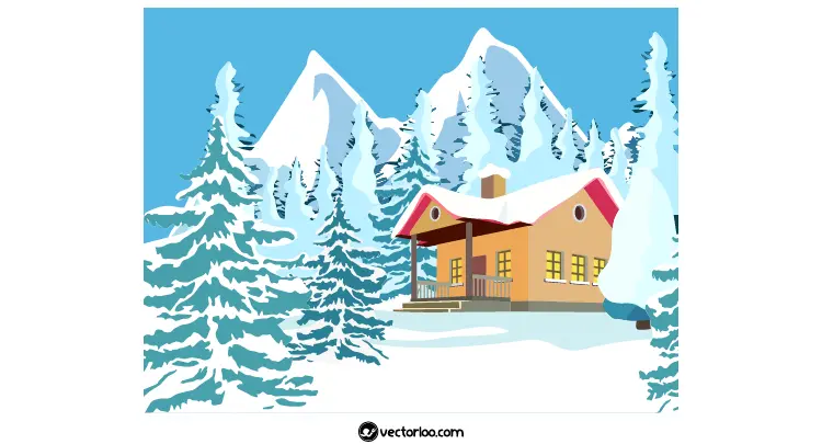 وکتور خانه چوبی در برف درخت ها و کوه پوشیده از برف کارتونی 1