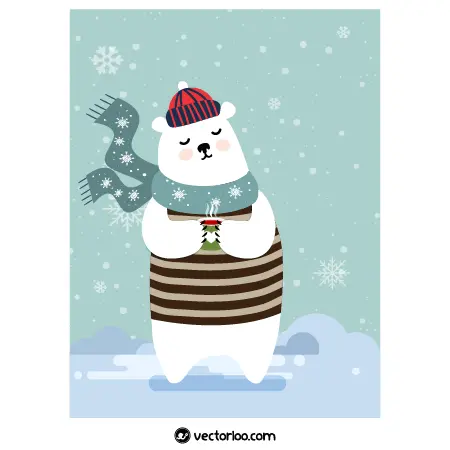 وکتور خرس سفید با لباس گرم و چایی در برف کارتونی 1