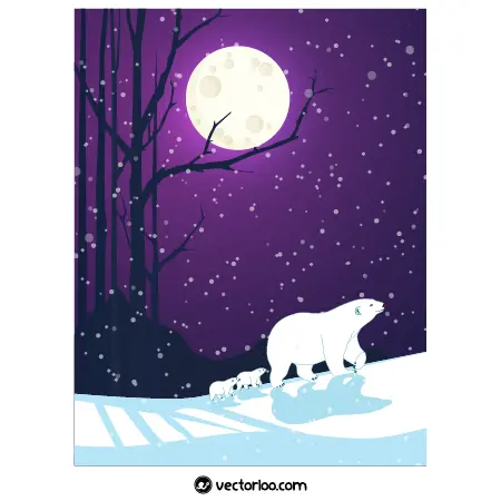 وکتور خرس سفید و بچه هاش در حال راه رفتن زیر نور ماه زمستان 1