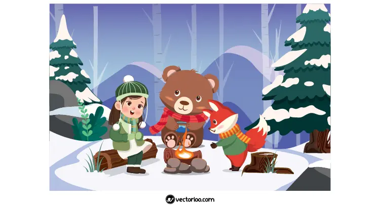 وکتور دختر بچه با خرس کوچولو دور آتش در سرما کارتونی 1