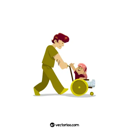 وکتور دختر بچه با پای زخمی با ویلچر دستی کارتونی 1
