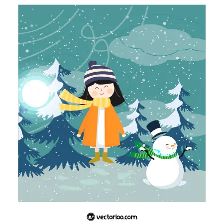 وکتور دختر بچه و آدم برفی زیر بارش برف کارتونی 1