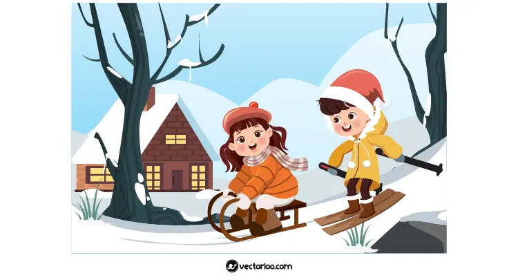 وکتور دختر و پسر کودک در حال بازی در برف 1
