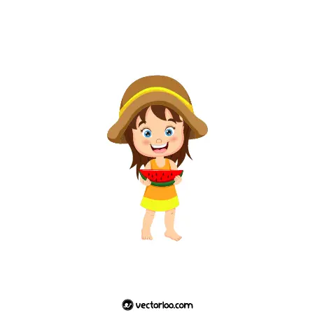 وکتور دختر کودک قاچ هندوانه در دستش در حال خندیدن کارتونی 1
