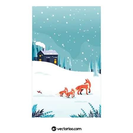 وکتور روباه و بچه هاش در حال راه رفتن روی برف ها 1