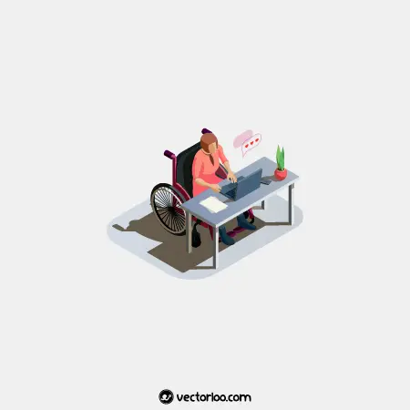 وکتور زن معلول نشسته روی ویلچر در محل کار با لپ تاپ ایزومتریک 1