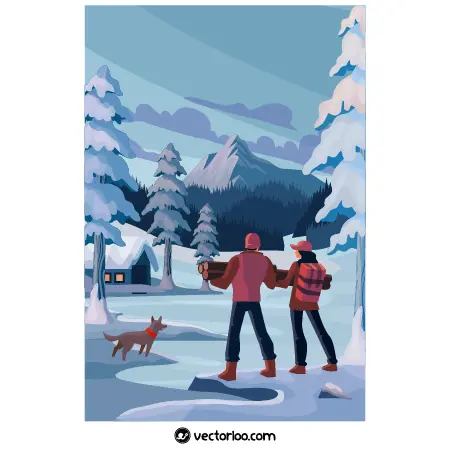 وکتور زن و شوهر در حال حمل چوب در زمستان کارتونی 1