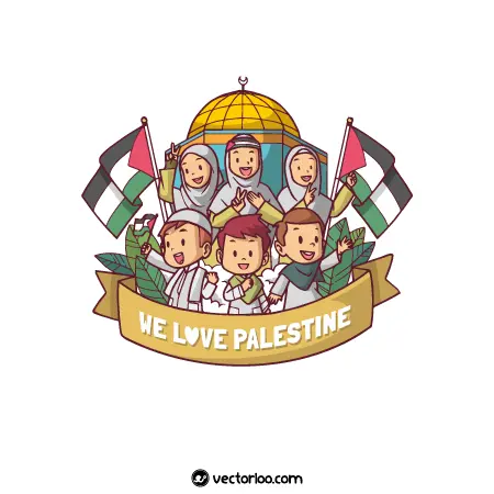 وکتور فلسطین کودکانه بچه ها با پرچم فلسطین کارتونی 1