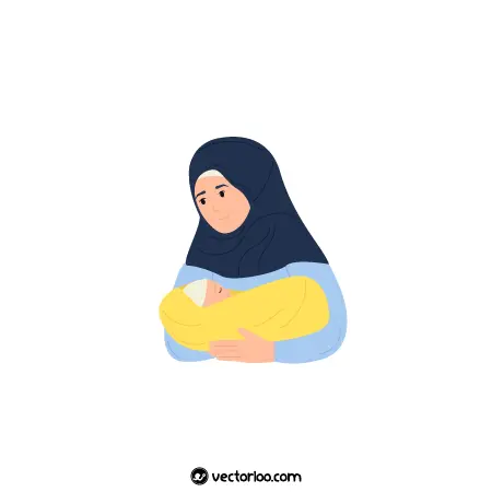 وکتور مادر مسلمان حجابی در حال آغوش گرفتن فرزند نوزادش کارتونی 2