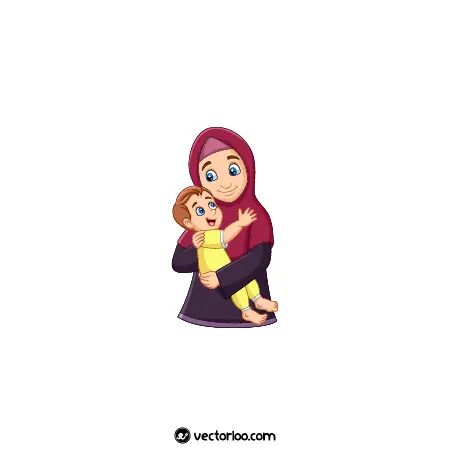 وکتور مادر مسلمان حجابی در حال آغوش گرفتن پسرش کارتونی 1