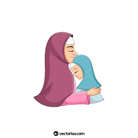 وکتور مادر مسلمان حجابی در حال بغل کردن دخترش کارتونی 1