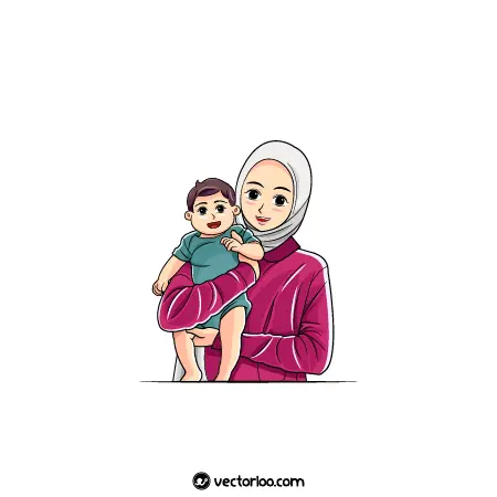 وکتور مادر مسلمان محجبه پسرش در بغلش کارتونی 1