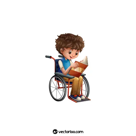 وکتور پسر بچه معلول در حال کتاب خواندن با ویلچر 1