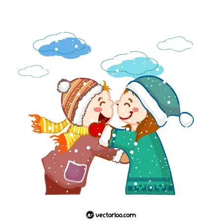 وکتور پسر و دختر کودک در حال بازی و شادی در برف کارتونی 1