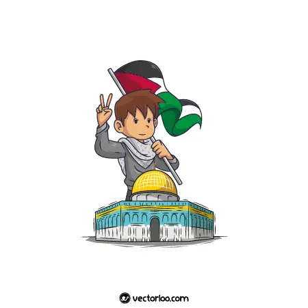 وکتور کودک با پرچم فلسطین بیت المقدس مسجد الاقصی کارتونی 1