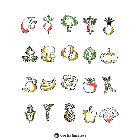 وکتور مجموعه سبزیجات و میوه آیکون وار رنگی 1