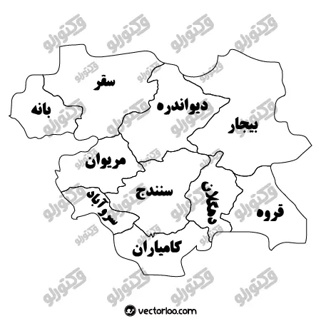 وکتور نقشه استان سنندج کردستان خط دور با اسم 1