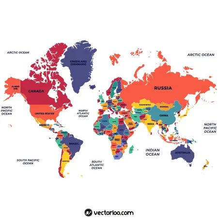 وکتور نقشه دنیا با اسم کشورها و اقیانوس ها 1