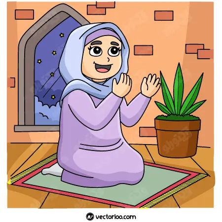 وکتور دختر بچه مسلمان در حال دعا کردن سر نماز کارتونی 1