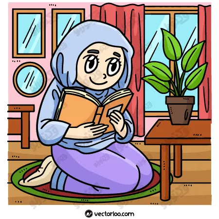وکتور دختر بچه مسلمان در حال قران خواندن کارتونی 1