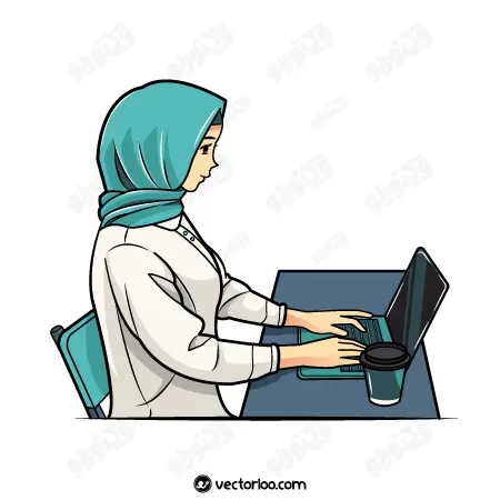 وکتور دختر جوان حجابی در حال کار با لپ تاپ 1