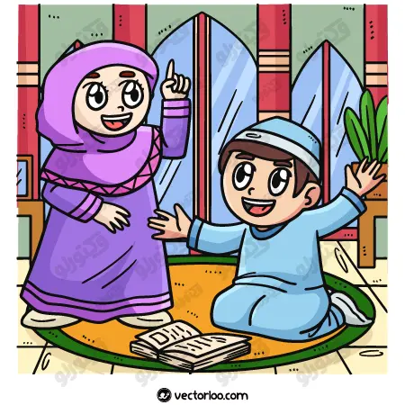 وکتور دختر و پسر کودک مومن در حال قران خواندن کارتونی 1