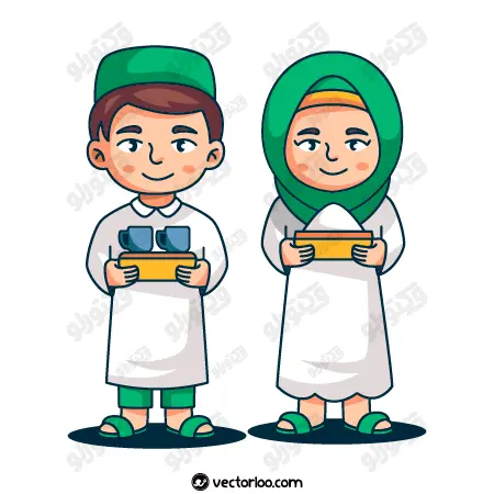 وکتور دختر و پسر کودک کارتونی با لباس عربی با حجاب غذا در دست 1