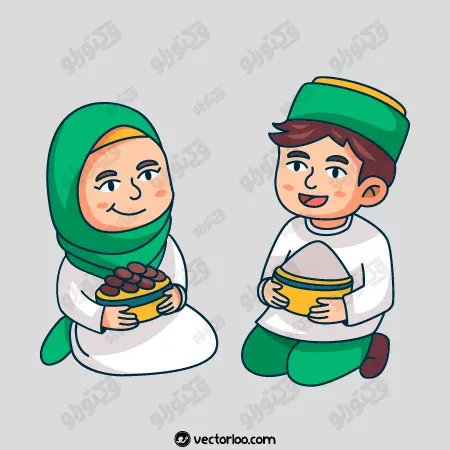 وکتور دختر پسر کارتونی نشسته غذا در دست مناسب افطار رمضان 1