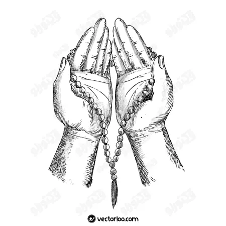وکتور دست در حال دعا با تسبیح سیاه و سفید 1