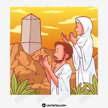 وکتور زن و مرد با لباس احرام در حال دعا در عرفات 1