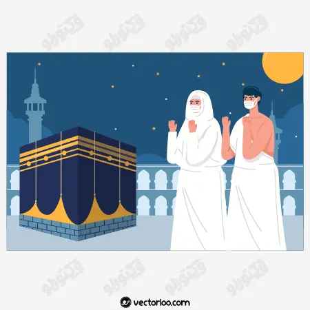 وکتور زن و مرد با لباس احرام در حال دعا کردن در مکه 1
