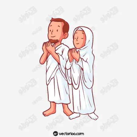 وکتور زن و مرد با لباس احرام در حال دعا کردن کارتونی 1
