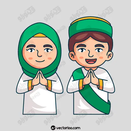 وکتور زن و مرد جوان با با لباس عربی کارتونی در حال تشکر کردن 1