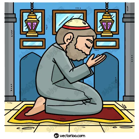 وکتور مرد مسن مسلمان در حال دعا کردن سر نماز کارتونی 1