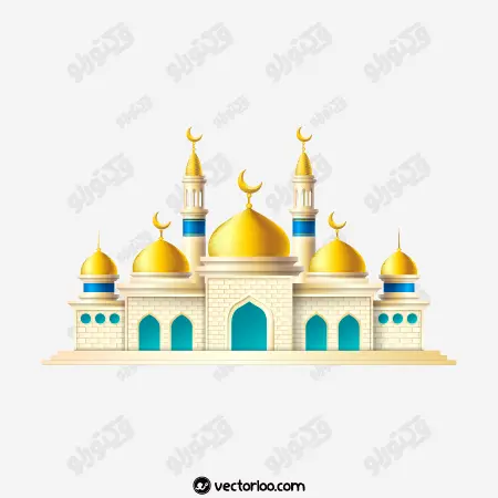 وکتور مسجد سه بعدی با گنبد و گلدسته طلایی روشن 1