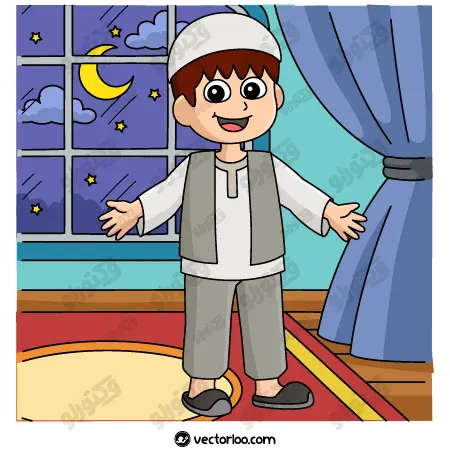 وکتور پسر بچه با لباس مسلمان شاد در حال بازی کارتونی 1