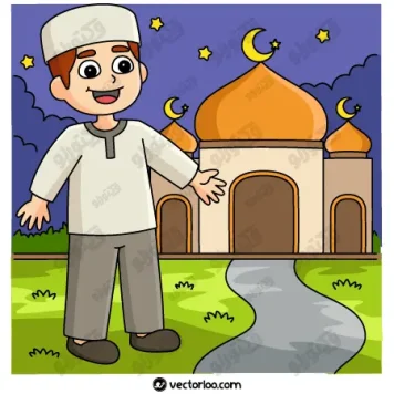 وکتور پسر بچه مسلمان در حال بازی کنار مسجد کارتونی 1