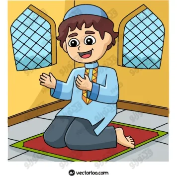 وکتور پسر بچه مسلمان در حال دعا کردن سر نماز کارتونی 1